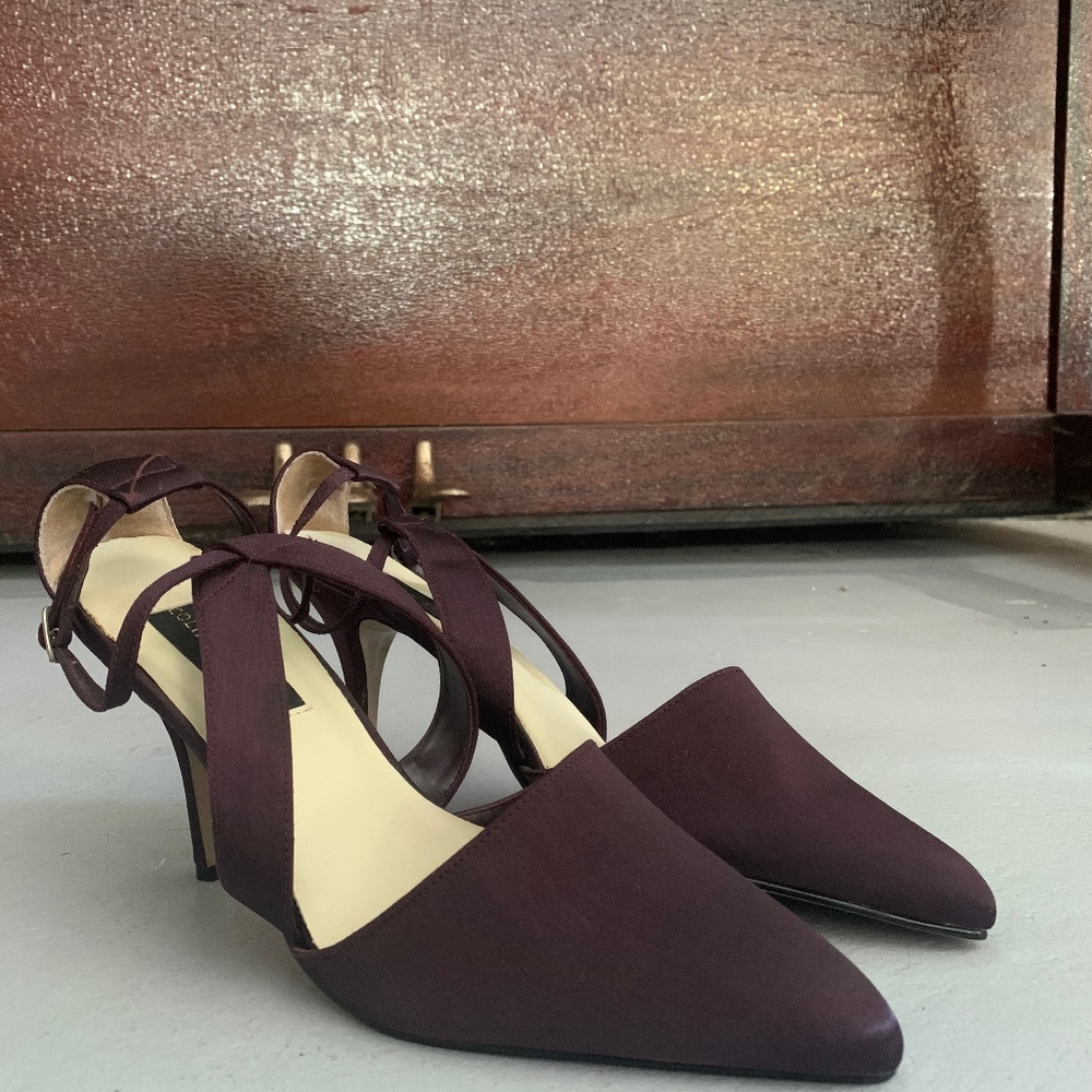 Burgundy satin Colin Stewart sling backs